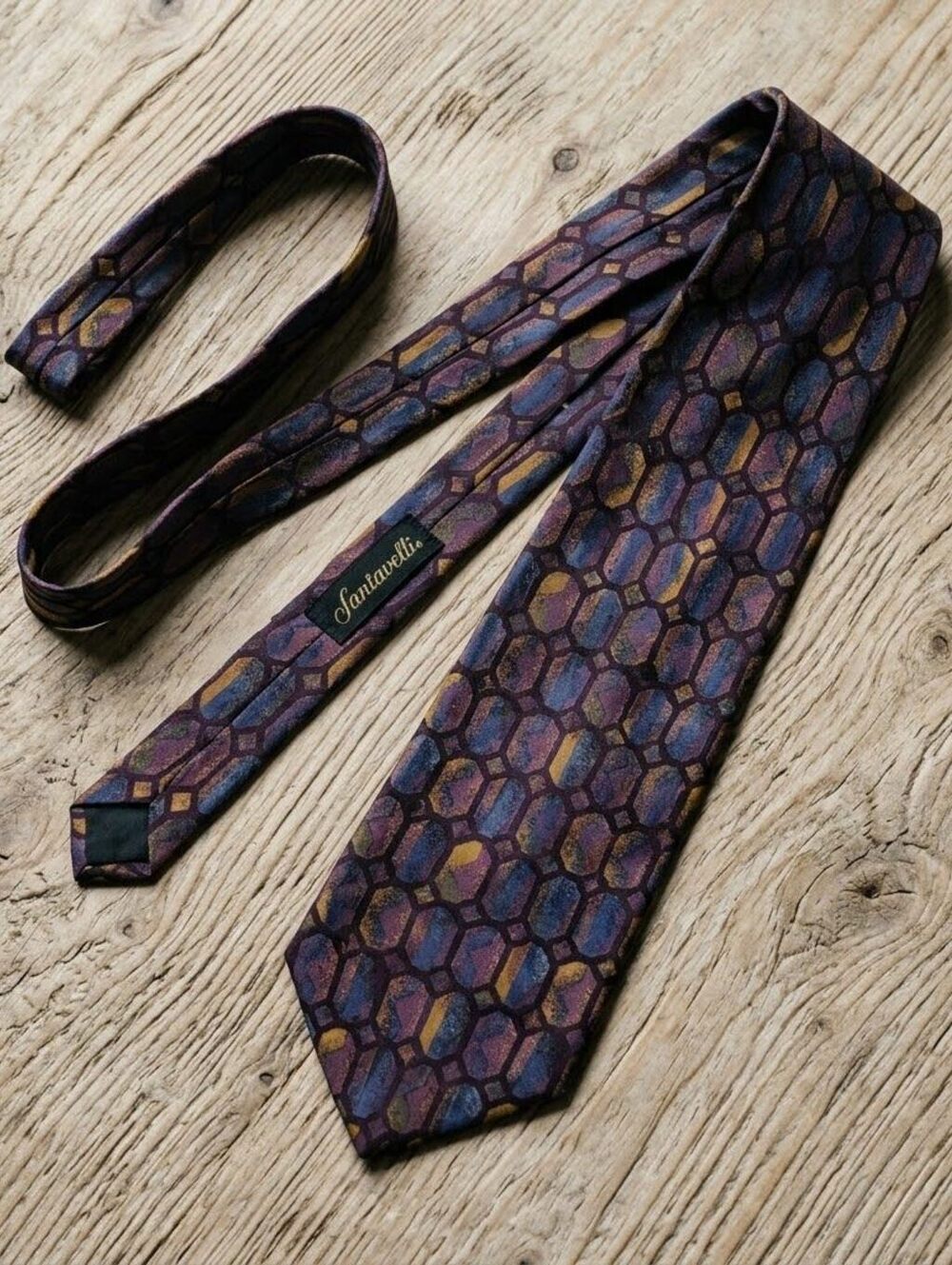 Santavelli Mens Purple Blue Geometric 100% Silk Tie Made in USA Eclectic Grandpa